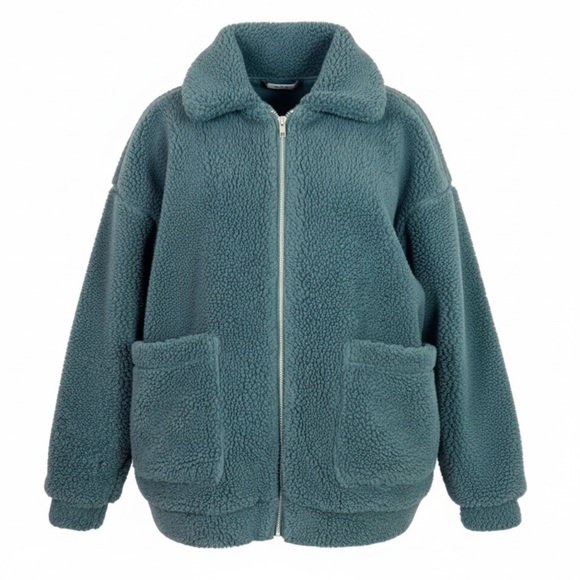 grade & gather Jackets & Blazers - GRADE & GATHER GREEN FLEECE FULL ZIP TEDDY OVERSIZED SHERPA JACKET WOMENS SMALL